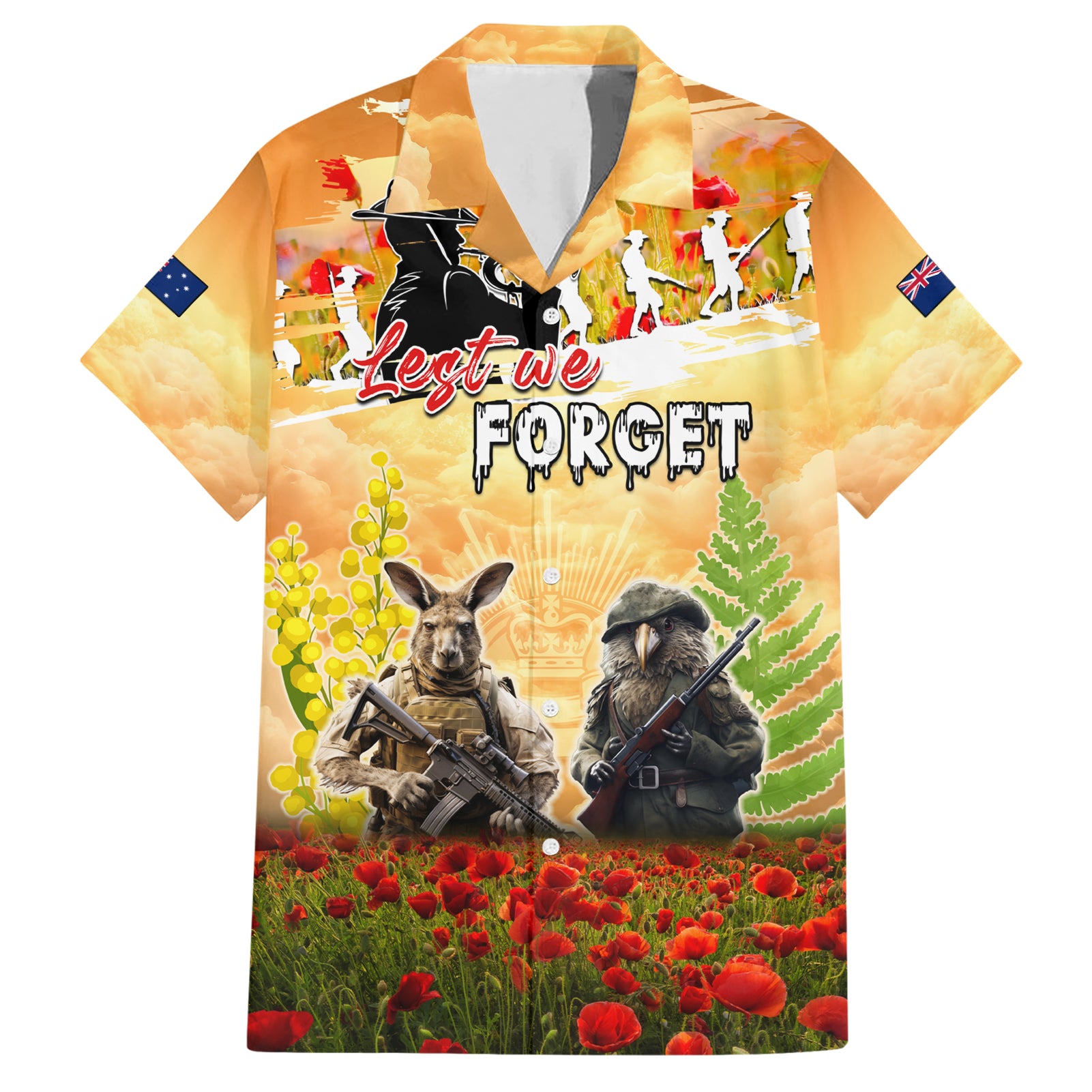 Australia And New Zealand ANZAC Day Hawaiian Shirt Kangaroo And Kiwi Bird Soldiers Lest We Forget LT05 Yellow - Polynesian Pride