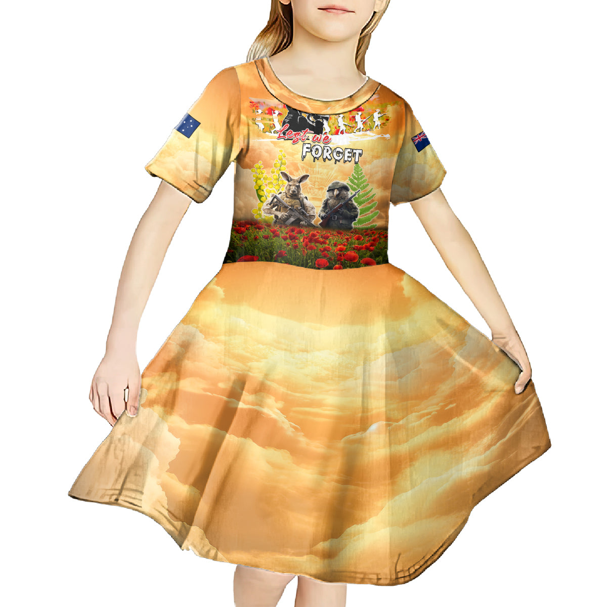 Australia And New Zealand ANZAC Day Kid Short Sleeve Dress Kangaroo And Kiwi Bird Soldiers Lest We Forget LT05 - Polynesian Pride
