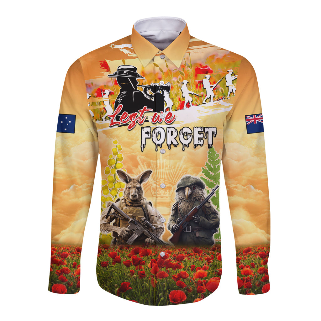 Australia And New Zealand ANZAC Day Long Sleeve Button Shirt Kangaroo And Kiwi Bird Soldiers Lest We Forget LT05 Unisex Yellow - Polynesian Pride