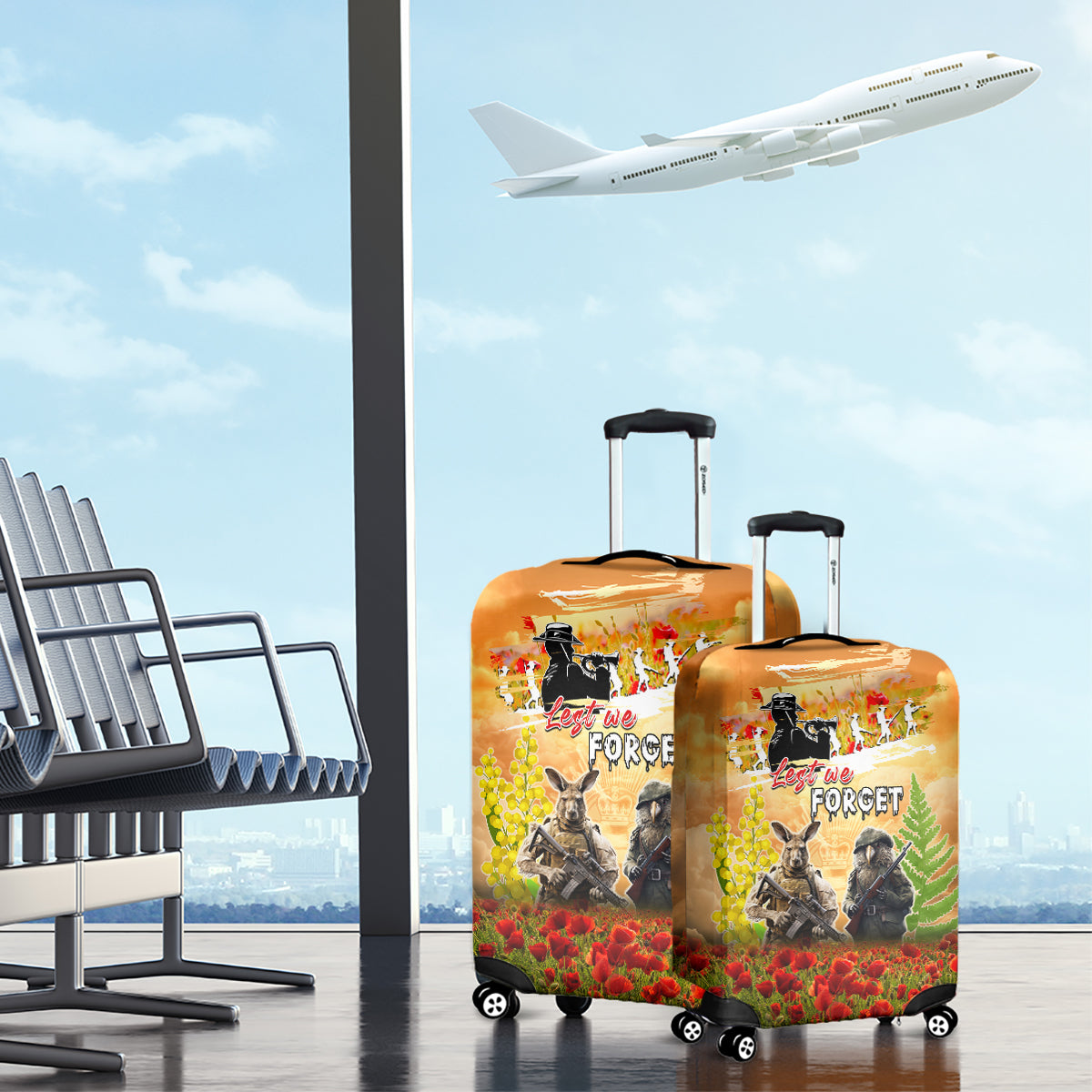 Australia And New Zealand ANZAC Day Luggage Cover Kangaroo And Kiwi Bird Soldiers Lest We Forget
