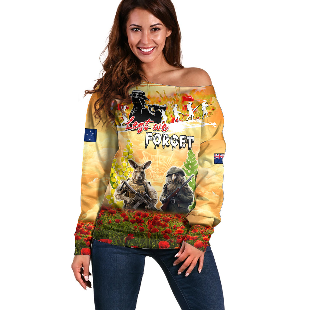 Australia And New Zealand ANZAC Day Off Shoulder Sweater Kangaroo And Kiwi Bird Soldiers Lest We Forget LT05 Women Yellow - Polynesian Pride