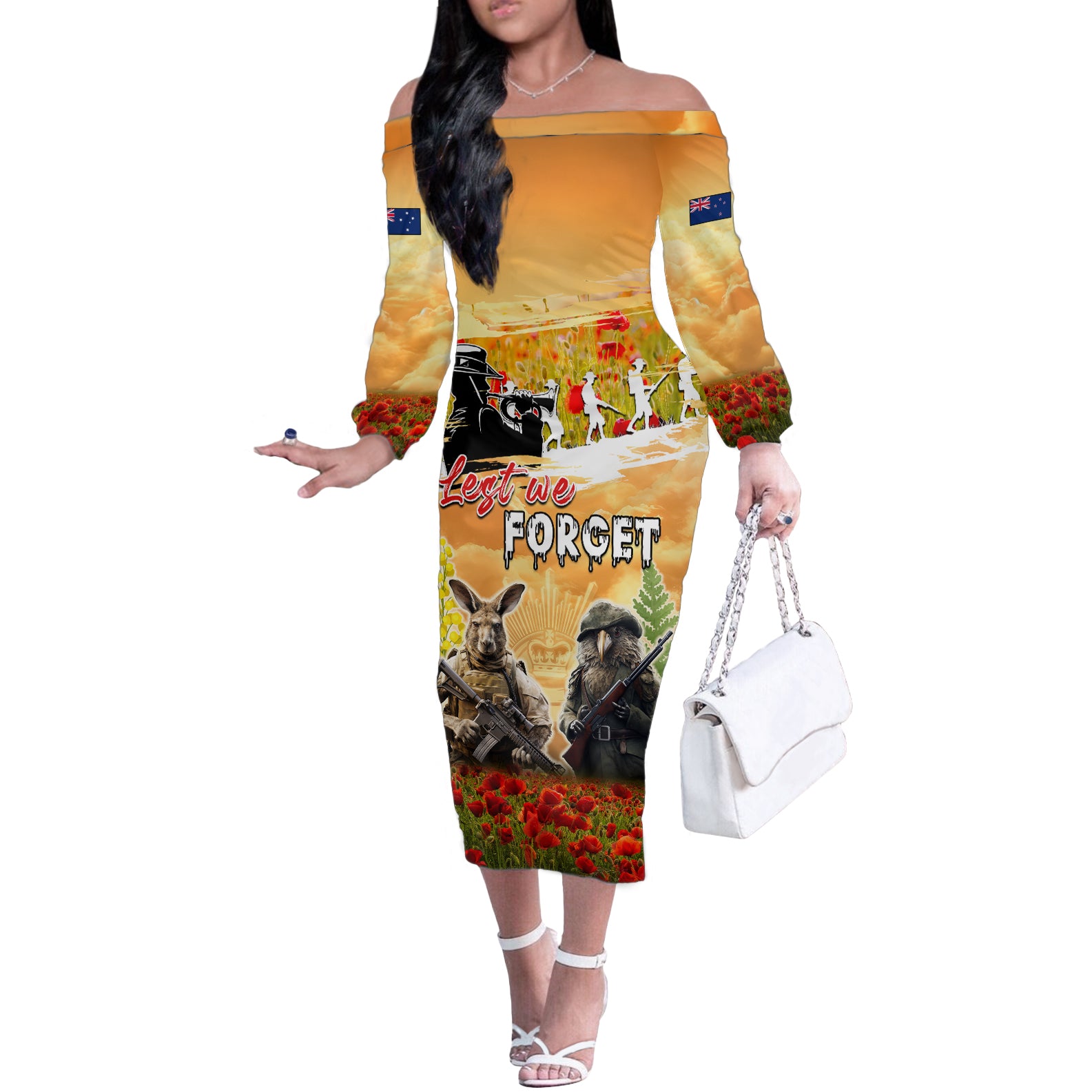 Australia And New Zealand ANZAC Day Off The Shoulder Long Sleeve Dress Kangaroo And Kiwi Bird Soldiers Lest We Forget LT05 Women Yellow - Polynesian Pride