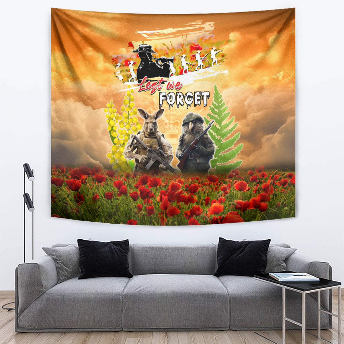 Australia And New Zealand ANZAC Day Tapestry Kangaroo And Kiwi Bird Soldiers Lest We Forget