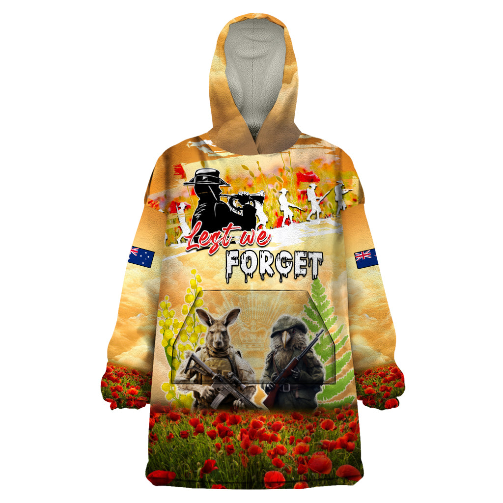 Australia And New Zealand ANZAC Day Wearable Blanket Hoodie Kangaroo And Kiwi Bird Soldiers Lest We Forget LT05 One Size Yellow - Polynesian Pride