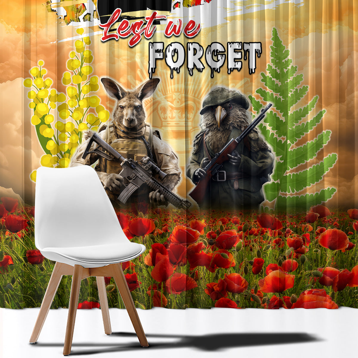 Australia And New Zealand ANZAC Day Window Curtain Kangaroo And Kiwi Bird Soldiers Lest We Forget