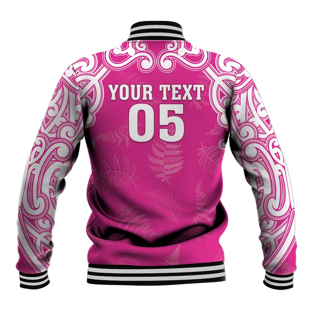 New Zealand Fern Women Rugby Custom Baseball Jacket Pink Maori Pattern
