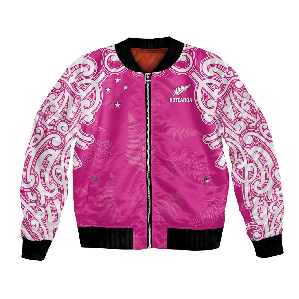 New Zealand Fern Women Rugby Custom Bomber Jacket Pink Maori Pattern