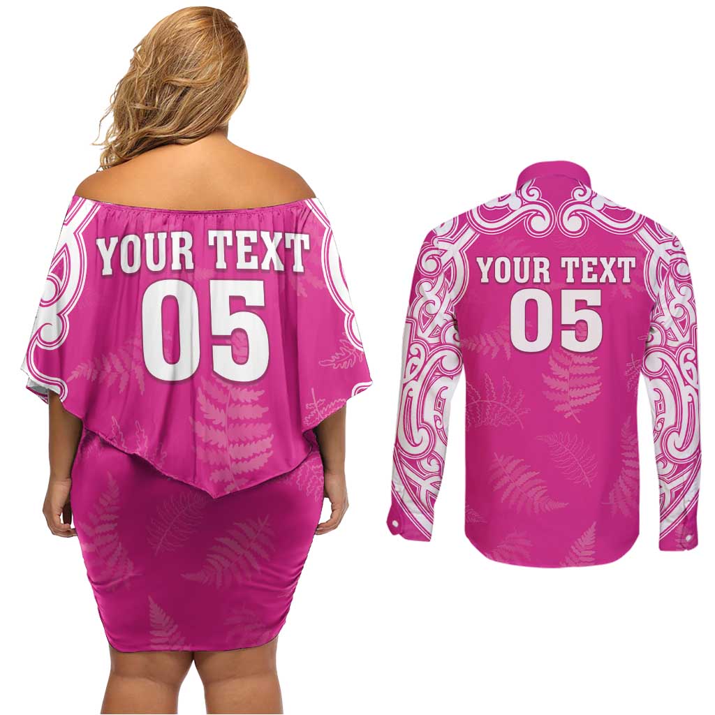 New Zealand Fern Women Rugby Custom Couples Matching Off Shoulder Short Dress and Long Sleeve Button Shirt Pink Maori Pattern