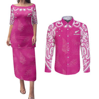 New Zealand Fern Women Rugby Custom Couples Matching Puletasi and Long Sleeve Button Shirt Pink Maori Pattern