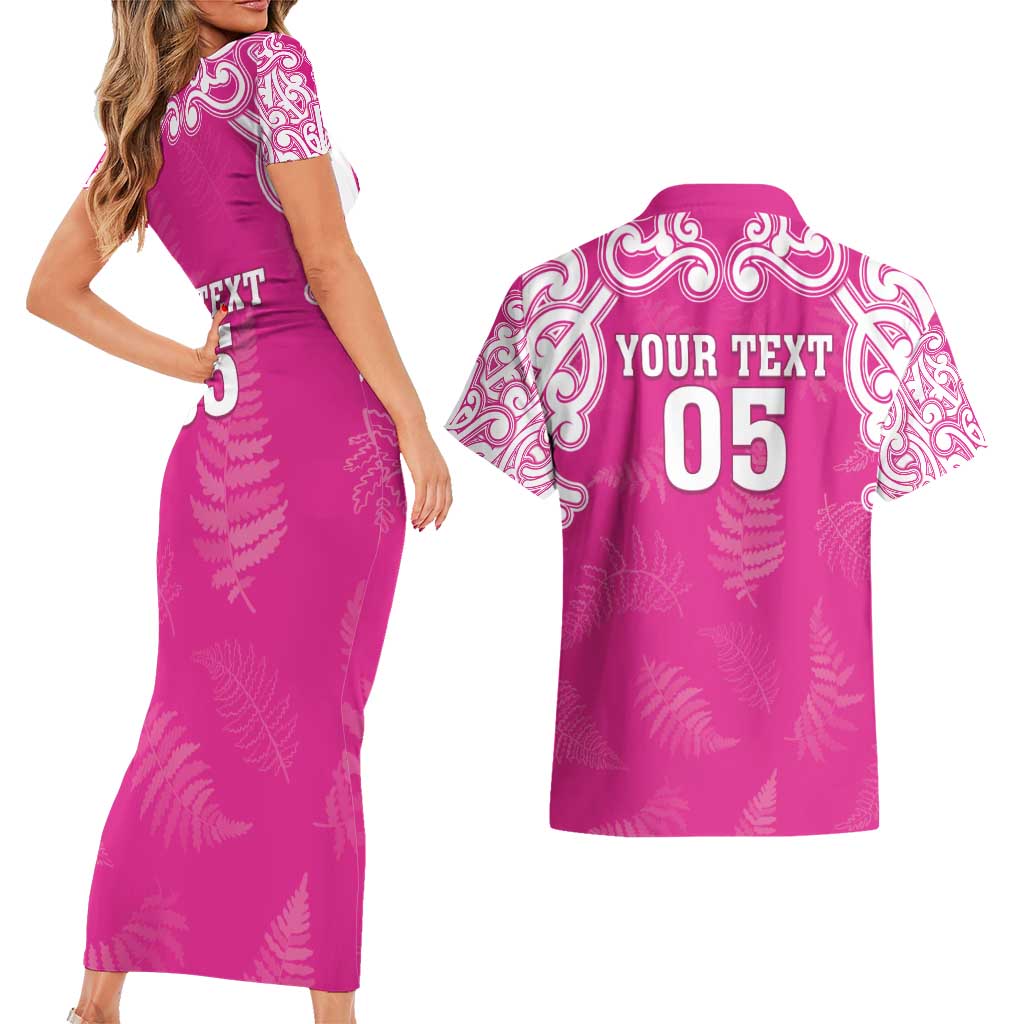 New Zealand Fern Women Rugby Custom Couples Matching Short Sleeve Bodycon Dress and Hawaiian Shirt Pink Maori Pattern