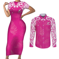 New Zealand Fern Women Rugby Custom Couples Matching Short Sleeve Bodycon Dress and Long Sleeve Button Shirt Pink Maori Pattern