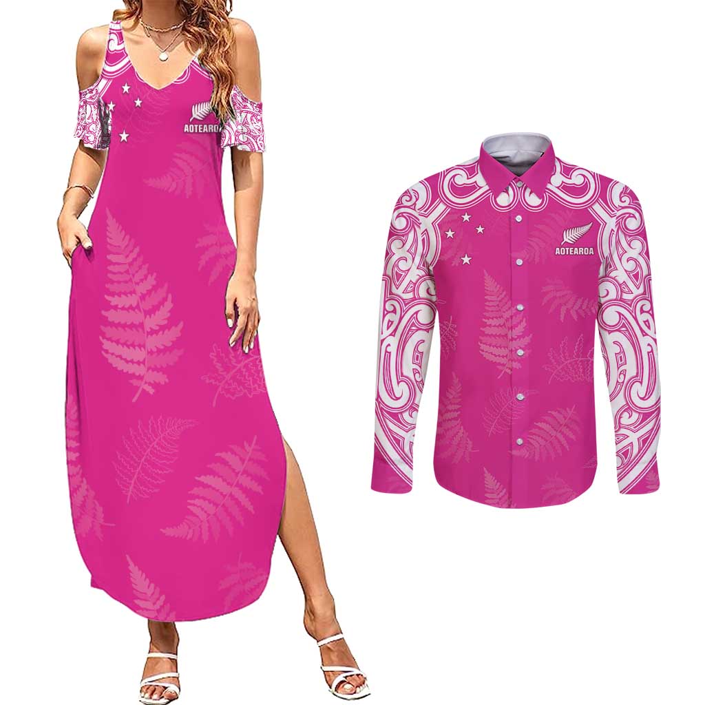 New Zealand Fern Women Rugby Custom Couples Matching Summer Maxi Dress and Long Sleeve Button Shirt Pink Maori Pattern