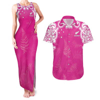 New Zealand Fern Women Rugby Custom Couples Matching Tank Maxi Dress and Hawaiian Shirt Pink Maori Pattern