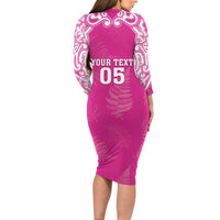 New Zealand Fern Women Rugby Custom Family Matching Long Sleeve Bodycon Dress and Hawaiian Shirt Pink Maori Pattern