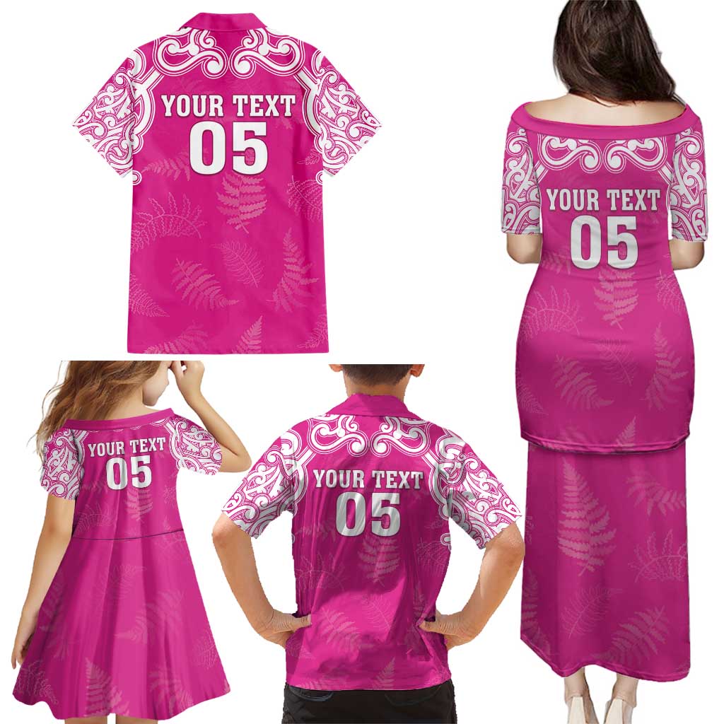 New Zealand Fern Women Rugby Custom Family Matching Puletasi and Hawaiian Shirt Pink Maori Pattern