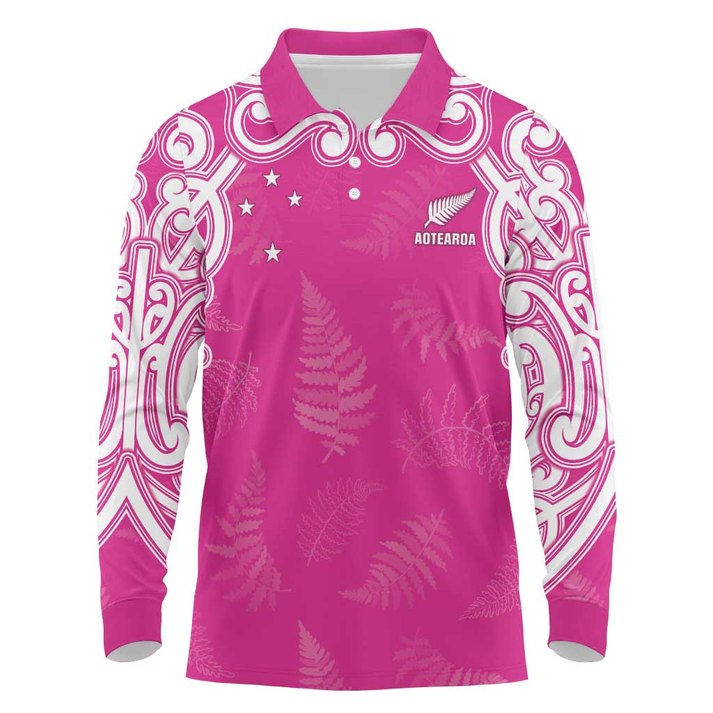 New Zealand Fern Women Rugby Custom Long Sleeve Polo Shirt Pink Maori Pattern