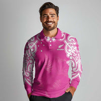 New Zealand Fern Women Rugby Custom Long Sleeve Polo Shirt Pink Maori Pattern