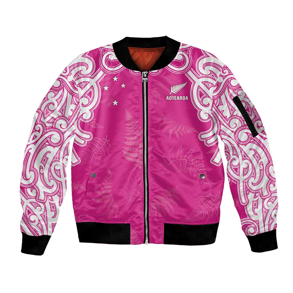 New Zealand Fern Women Rugby Custom Sleeve Zip Bomber Jacket Pink Maori Pattern