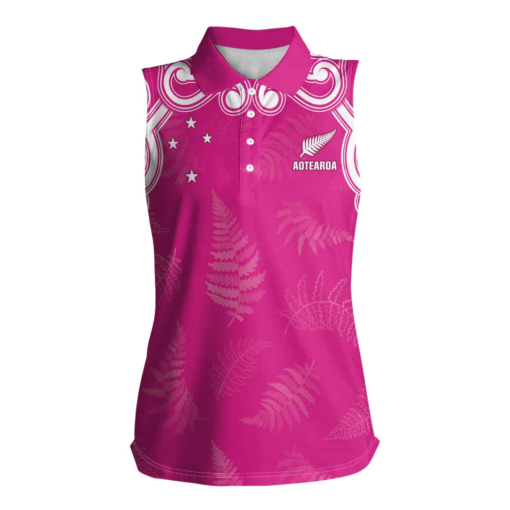 New Zealand Fern Women Rugby Custom Women Sleeveless Polo Shirt Pink Maori Pattern