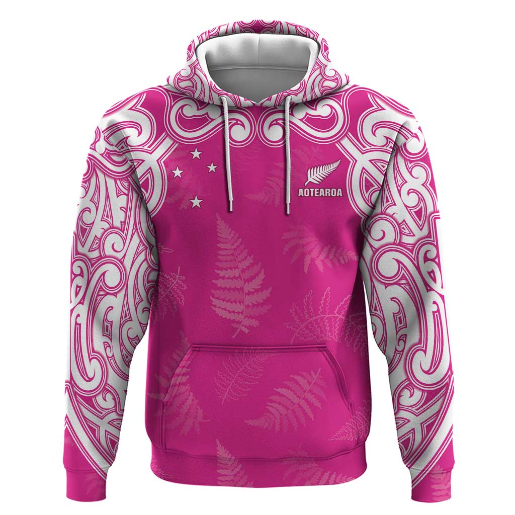 New Zealand Fern Women Rugby Custom Zip Hoodie Pink Maori Pattern