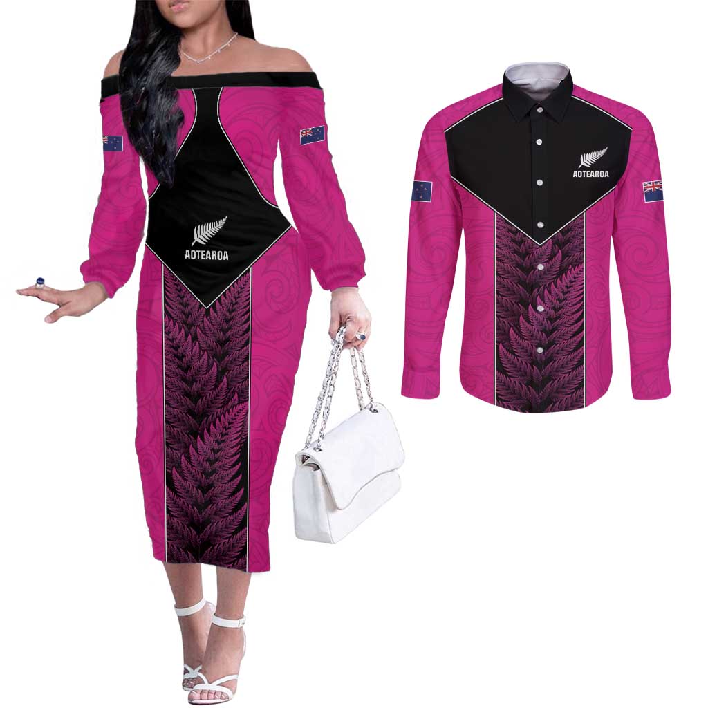 New Zealand Fern Rugby Custom Couples Matching Off The Shoulder Long Sleeve Dress and Long Sleeve Button Shirt Pink Maori Pattern