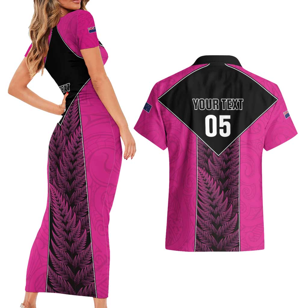 New Zealand Fern Rugby Custom Couples Matching Short Sleeve Bodycon Dress and Hawaiian Shirt Pink Maori Pattern