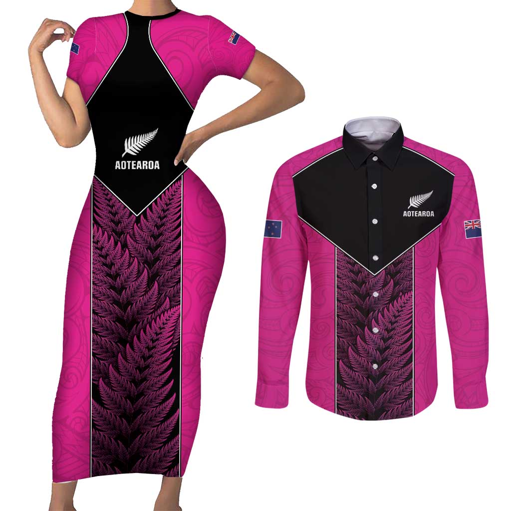 New Zealand Fern Rugby Custom Couples Matching Short Sleeve Bodycon Dress and Long Sleeve Button Shirt Pink Maori Pattern