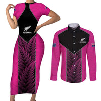 New Zealand Fern Rugby Custom Couples Matching Short Sleeve Bodycon Dress and Long Sleeve Button Shirt Pink Maori Pattern