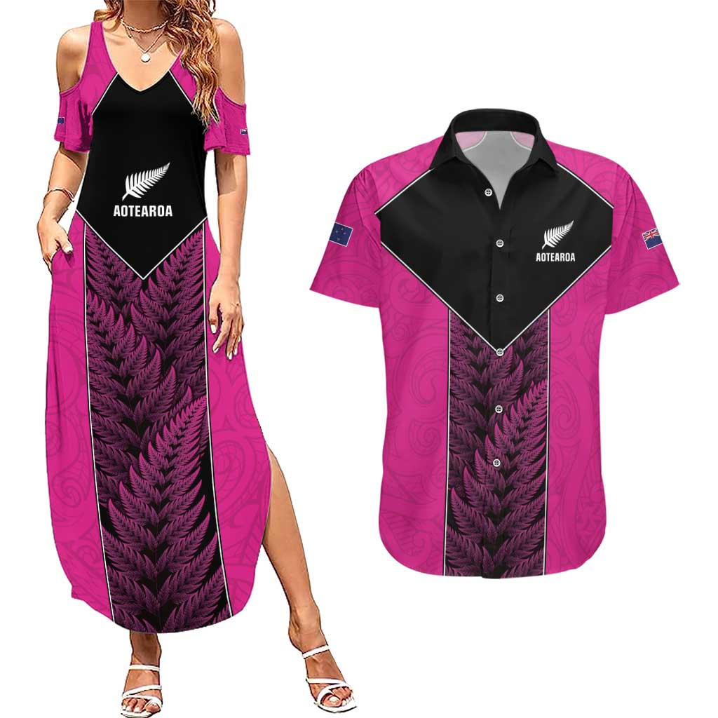 New Zealand Fern Rugby Custom Couples Matching Summer Maxi Dress and Hawaiian Shirt Pink Maori Pattern