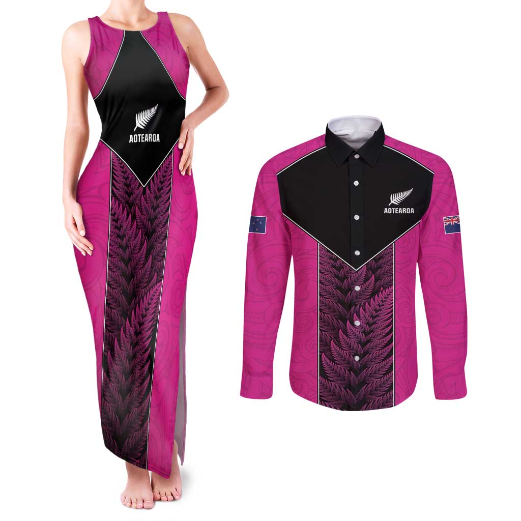 New Zealand Fern Rugby Custom Couples Matching Tank Maxi Dress and Long Sleeve Button Shirt Pink Maori Pattern