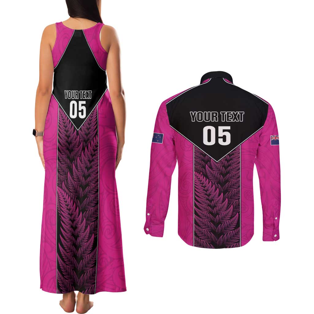 New Zealand Fern Rugby Custom Couples Matching Tank Maxi Dress and Long Sleeve Button Shirt Pink Maori Pattern
