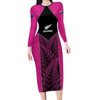 New Zealand Fern Rugby Custom Family Matching Long Sleeve Bodycon Dress and Hawaiian Shirt Pink Maori Pattern