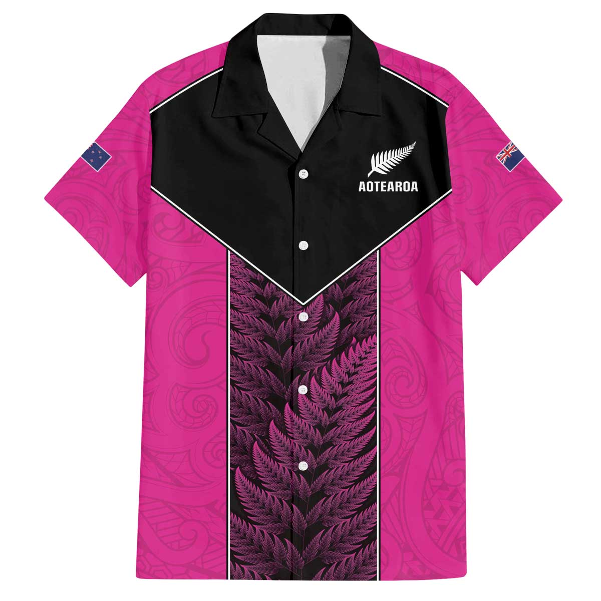 New Zealand Fern Rugby Custom Family Matching Off The Shoulder Long Sleeve Dress and Hawaiian Shirt Pink Maori Pattern
