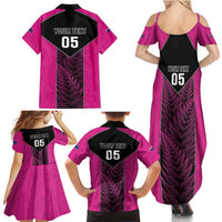 New Zealand Fern Rugby Custom Family Matching Summer Maxi Dress and Hawaiian Shirt Pink Maori Pattern