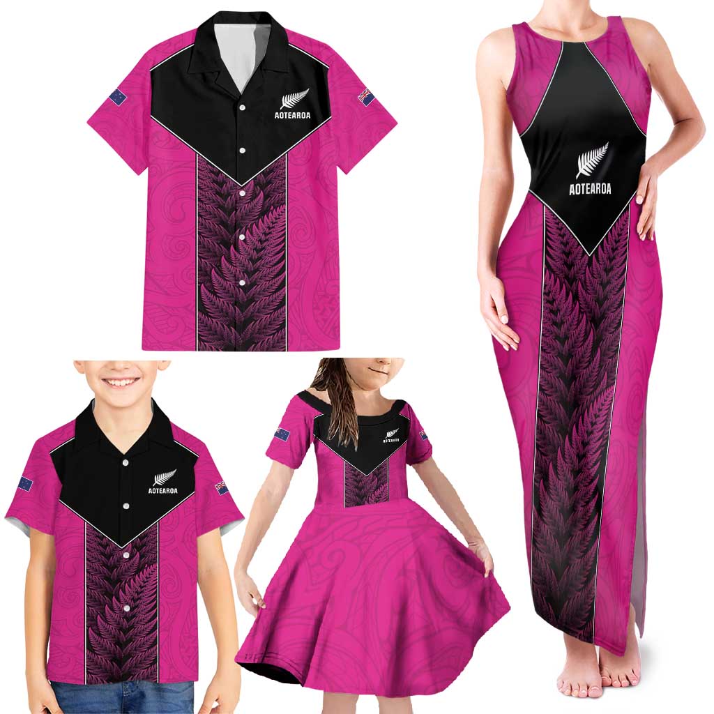 New Zealand Fern Rugby Custom Family Matching Tank Maxi Dress and Hawaiian Shirt Pink Maori Pattern
