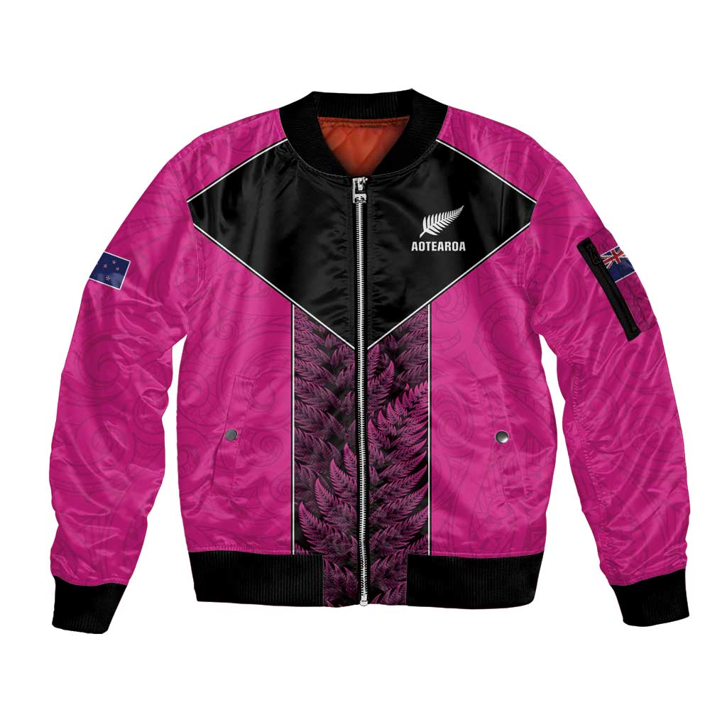 New Zealand Fern Rugby Custom Sleeve Zip Bomber Jacket Pink Maori Pattern