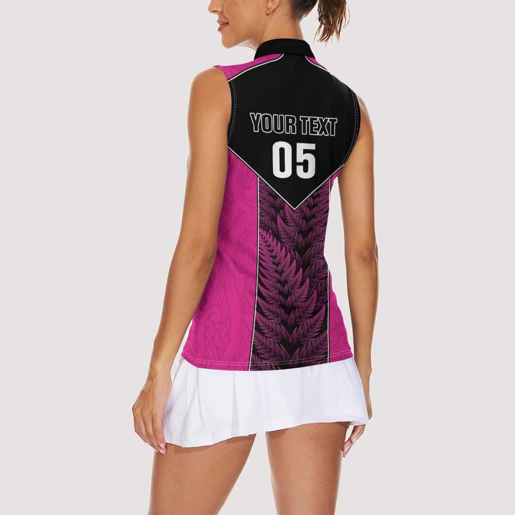 New Zealand Fern Rugby Custom Women Sleeveless Polo Shirt Pink Maori Pattern