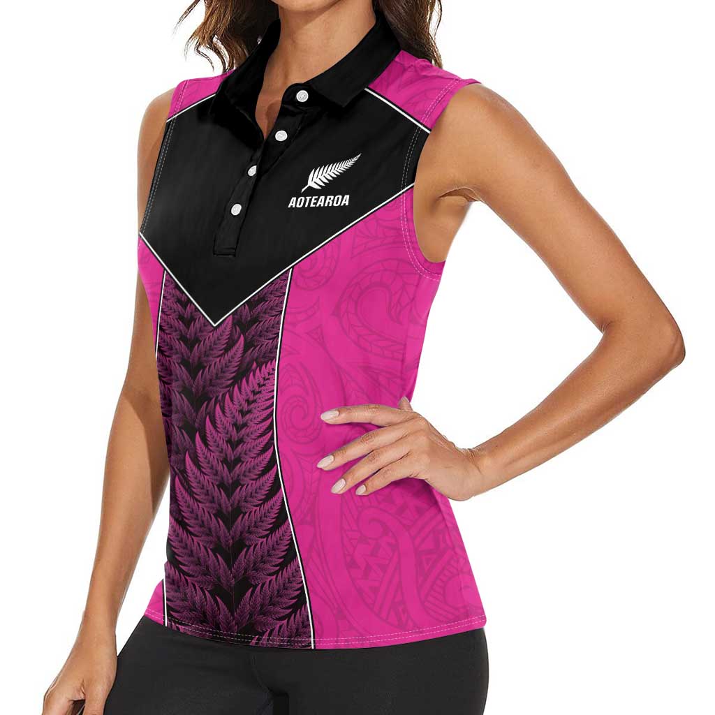New Zealand Fern Rugby Custom Women Sleeveless Polo Shirt Pink Maori Pattern