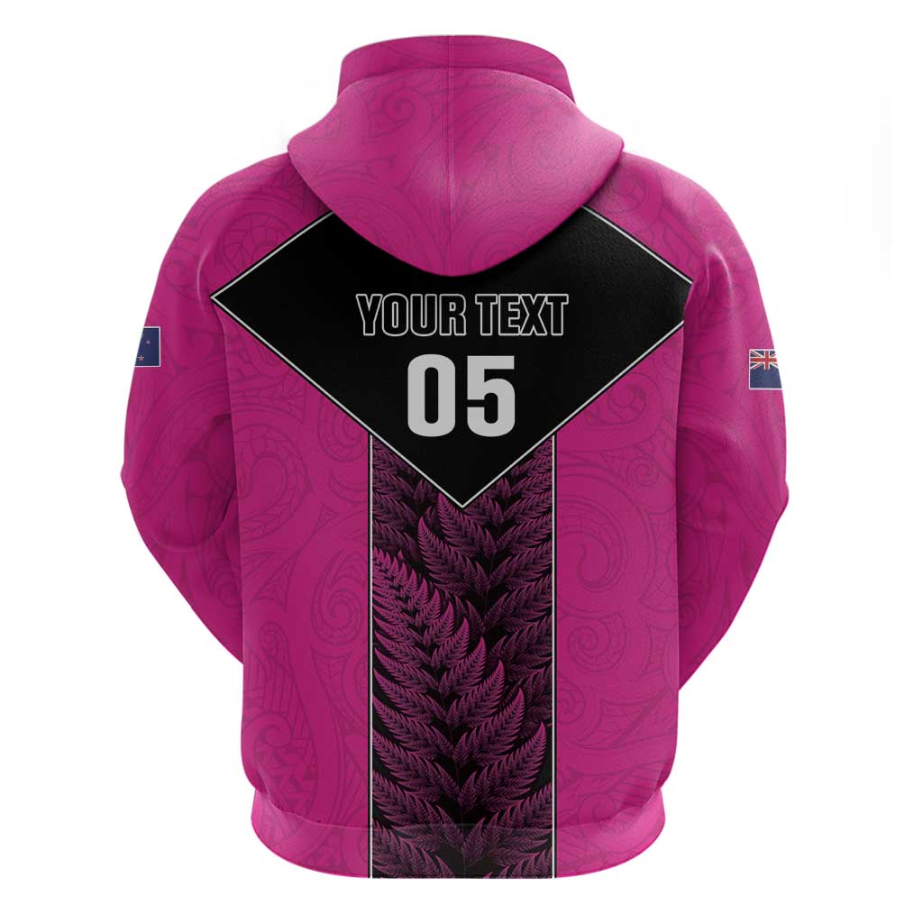 New Zealand Fern Rugby Custom Zip Hoodie Pink Maori Pattern
