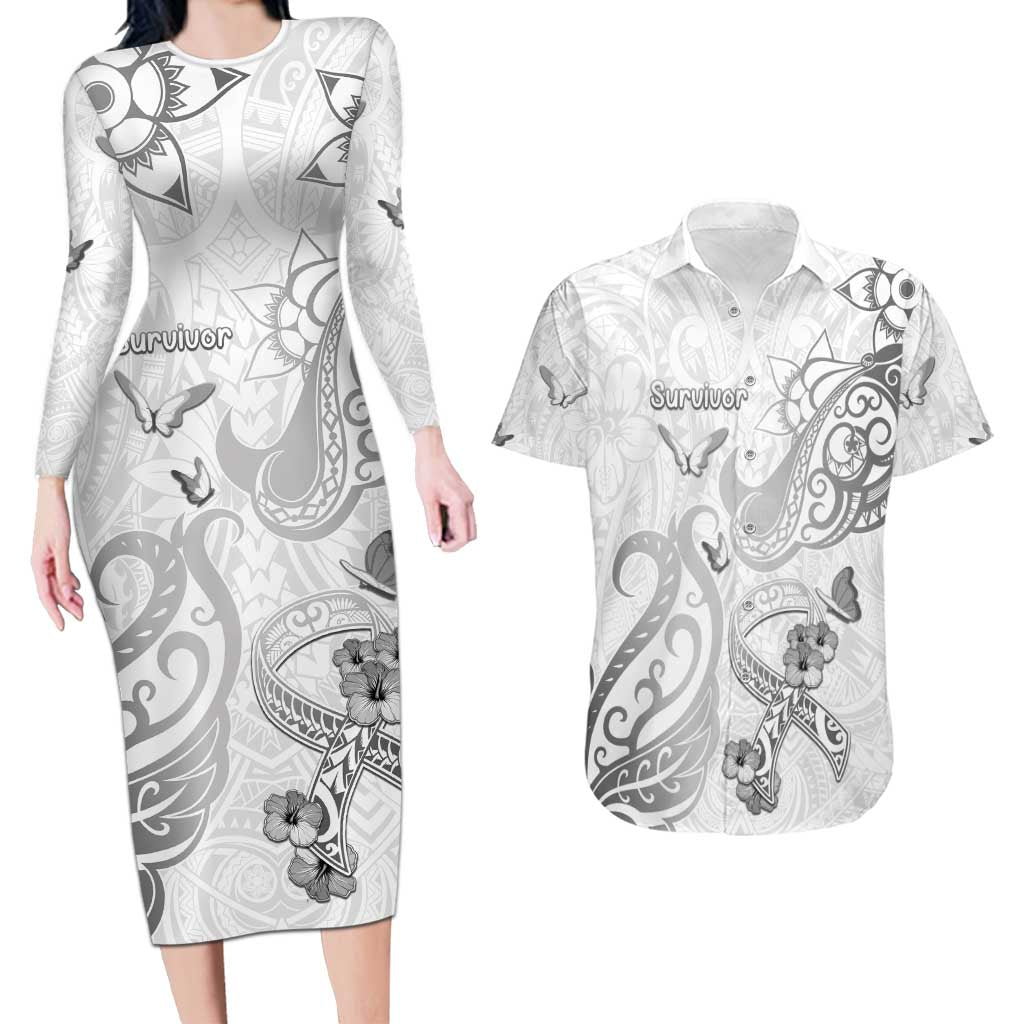 Personalised Brain Cancer Awareness Couples Matching Long Sleeve Bodycon Dress and Hawaiian Shirt Ribbon Polynesian Pattern LT05 White - Polynesian Pride