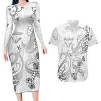 Personalised Brain Cancer Awareness Couples Matching Long Sleeve Bodycon Dress and Hawaiian Shirt Ribbon Polynesian Pattern LT05 White - Polynesian Pride