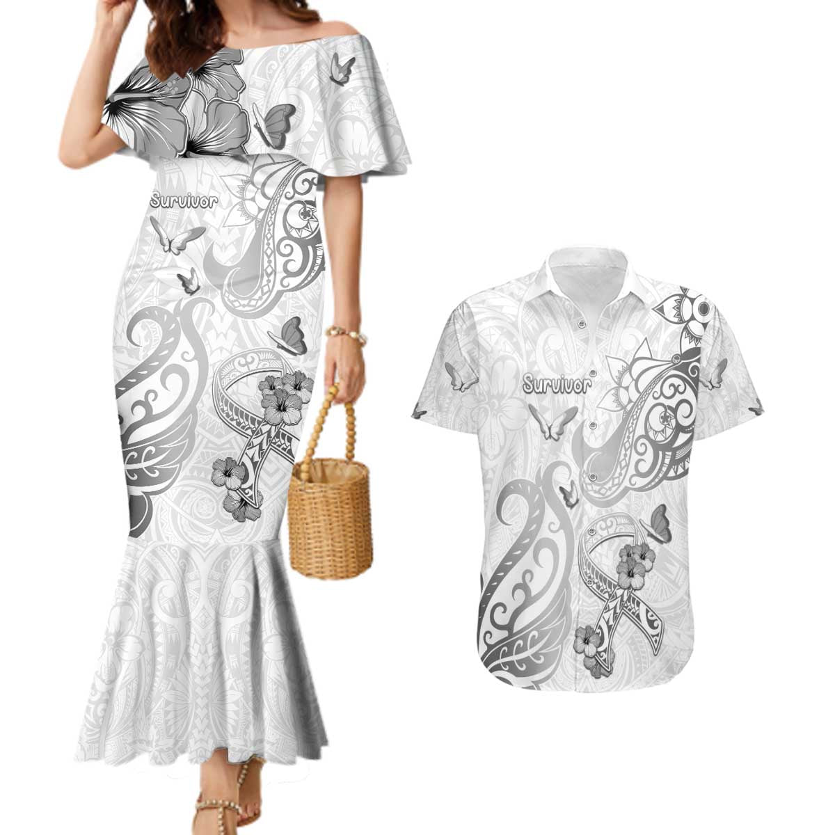 Personalised Brain Cancer Awareness Couples Matching Mermaid Dress and Hawaiian Shirt Ribbon Polynesian Pattern LT05 White - Polynesian Pride