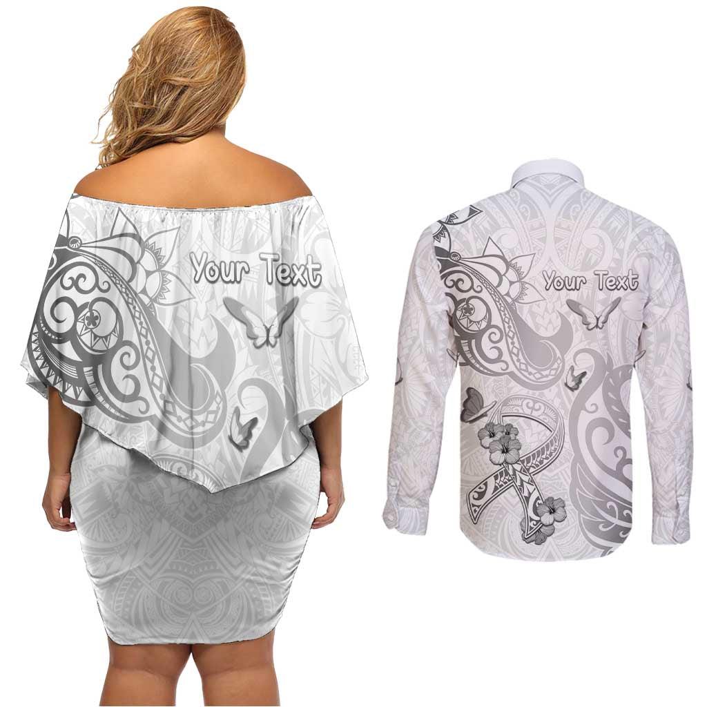 Personalised Brain Cancer Awareness Couples Matching Off Shoulder Short Dress and Long Sleeve Button Shirt Ribbon Polynesian Pattern LT05 - Polynesian Pride