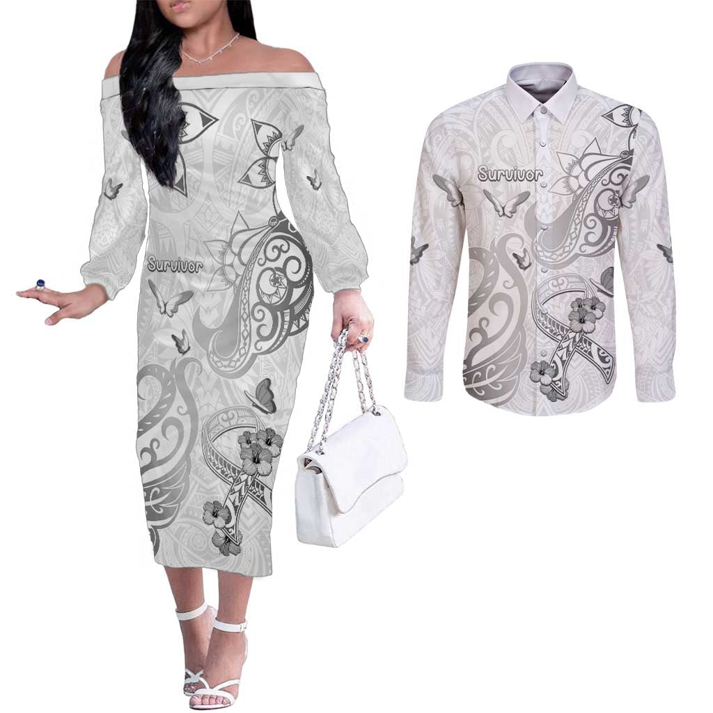 Personalised Brain Cancer Awareness Couples Matching Off The Shoulder Long Sleeve Dress and Long Sleeve Button Shirt Ribbon Polynesian Pattern LT05 White - Polynesian Pride