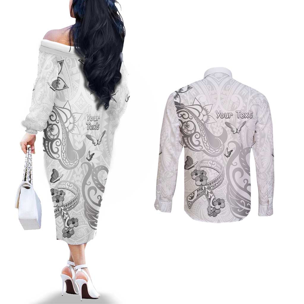 Personalised Brain Cancer Awareness Couples Matching Off The Shoulder Long Sleeve Dress and Long Sleeve Button Shirt Ribbon Polynesian Pattern LT05 - Polynesian Pride
