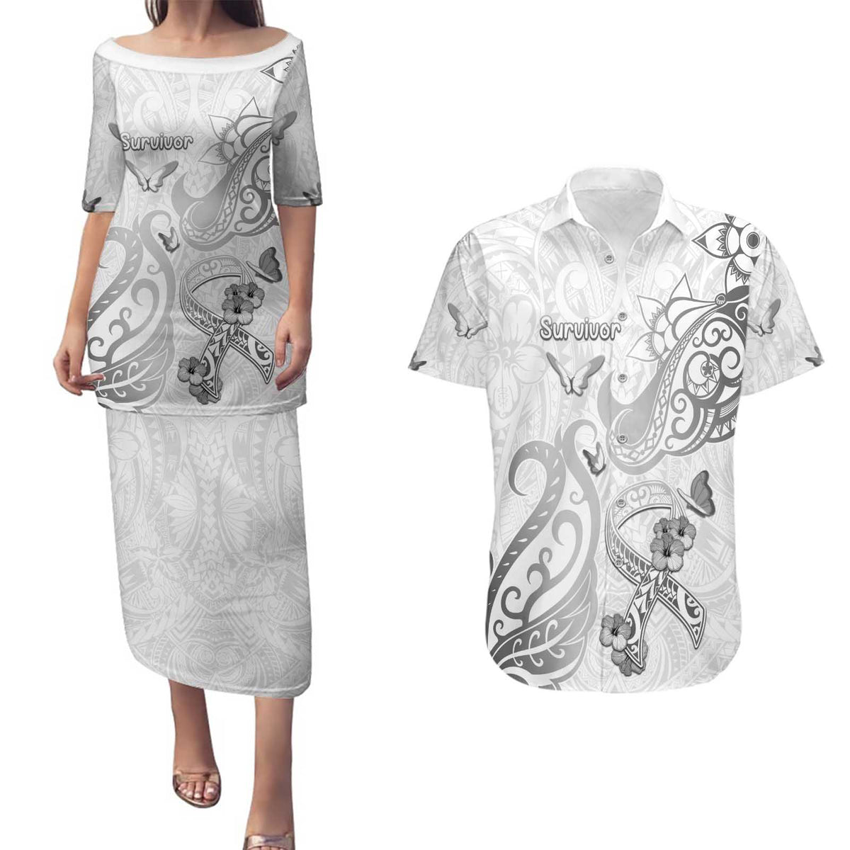 Personalised Brain Cancer Awareness Couples Matching Puletasi and Hawaiian Shirt Ribbon Polynesian Pattern LT05 White - Polynesian Pride