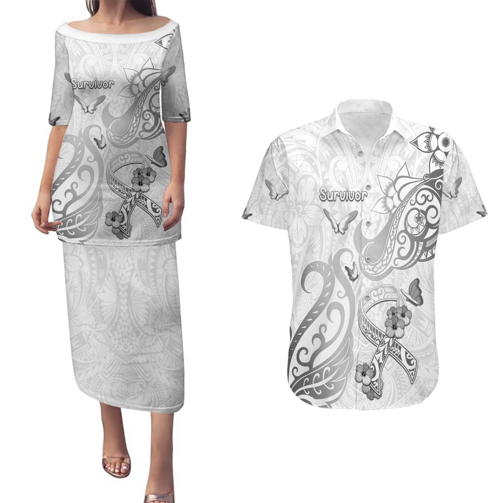 Personalised Brain Cancer Awareness Couples Matching Puletasi and Hawaiian Shirt Ribbon Polynesian Pattern LT05 White - Polynesian Pride