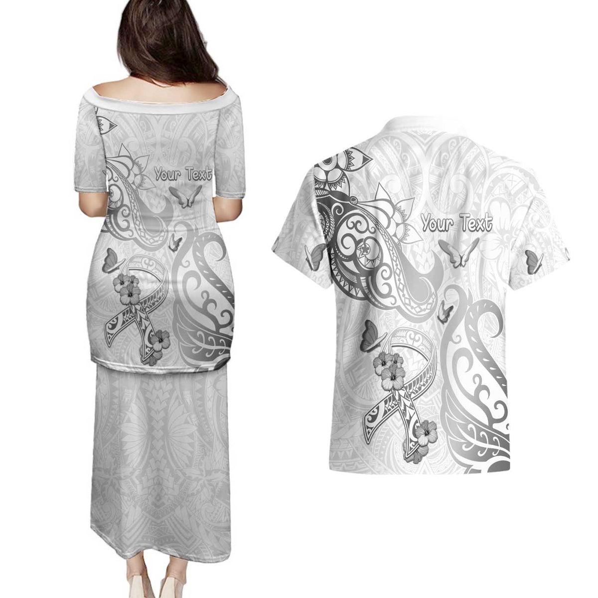 Personalised Brain Cancer Awareness Couples Matching Puletasi and Hawaiian Shirt Ribbon Polynesian Pattern LT05 - Polynesian Pride