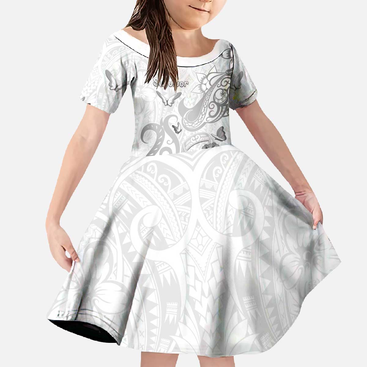 Personalised Brain Cancer Awareness Family Matching Off The Shoulder Long Sleeve Dress and Hawaiian Shirt Ribbon Polynesian Pattern