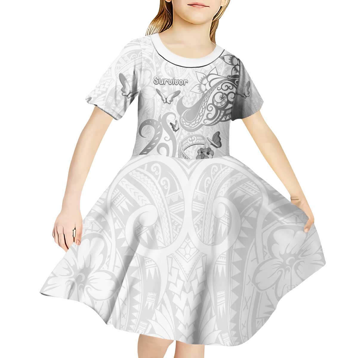 Personalised Brain Cancer Awareness Kid Short Sleeve Dress Ribbon Polynesian Pattern